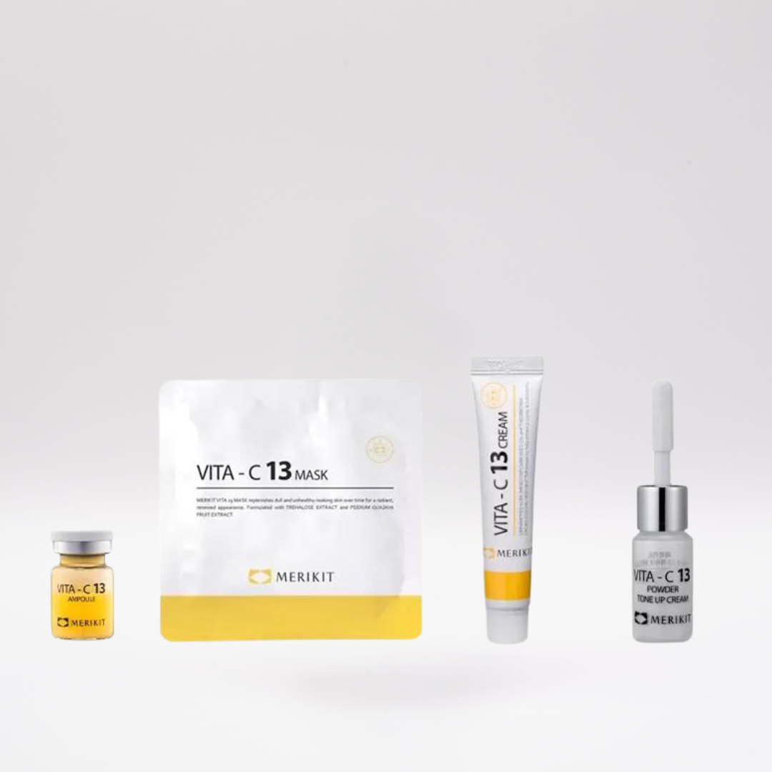Vitamin C mask kit set with ampoule, mask, cream, and powder tone-up cream for brightening and revitalizing skin tone.