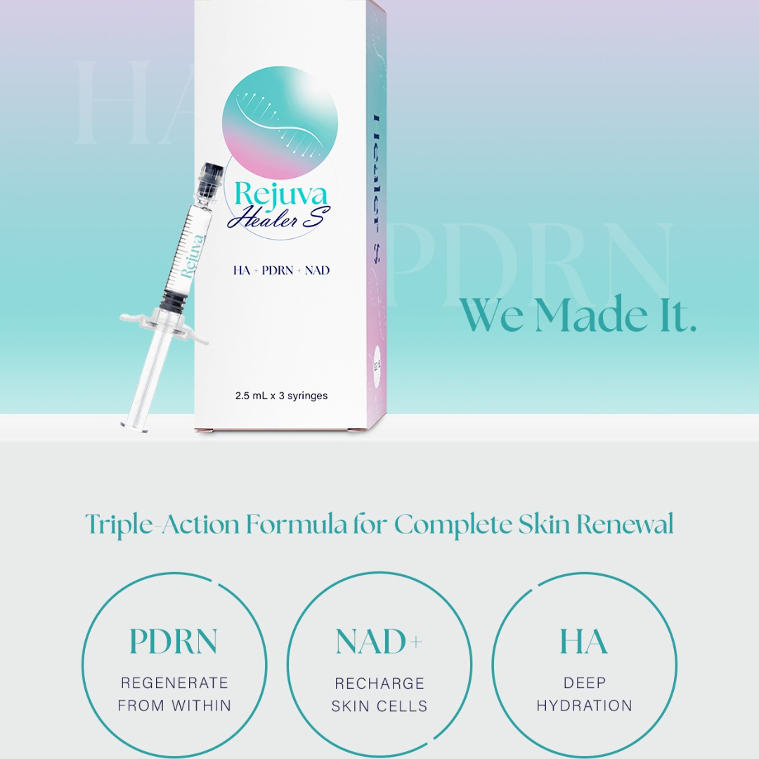Rejuva Healer S skin booster with PDRN, NAD+, and HA for deep hydration, skin regeneration, and anti-aging renewal in three 2.5ml syringes