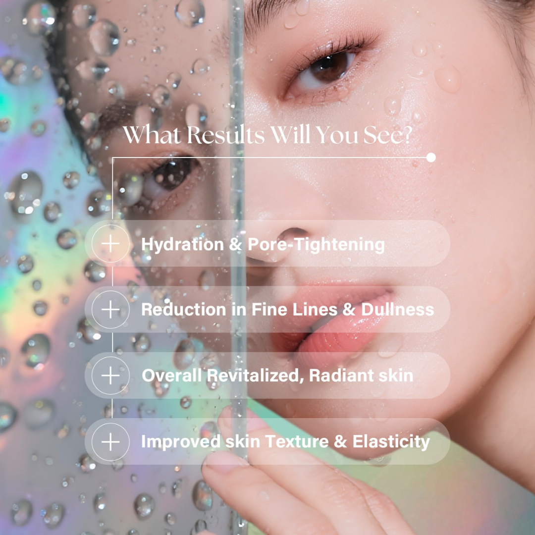 Close-up of hydrated woman’s face with water droplets on glass, highlighting skin benefits of Rejuva Healer S including hydration, pore-tightening, fine line reduction, radiant and revitalized skin, improved texture and elasticity.