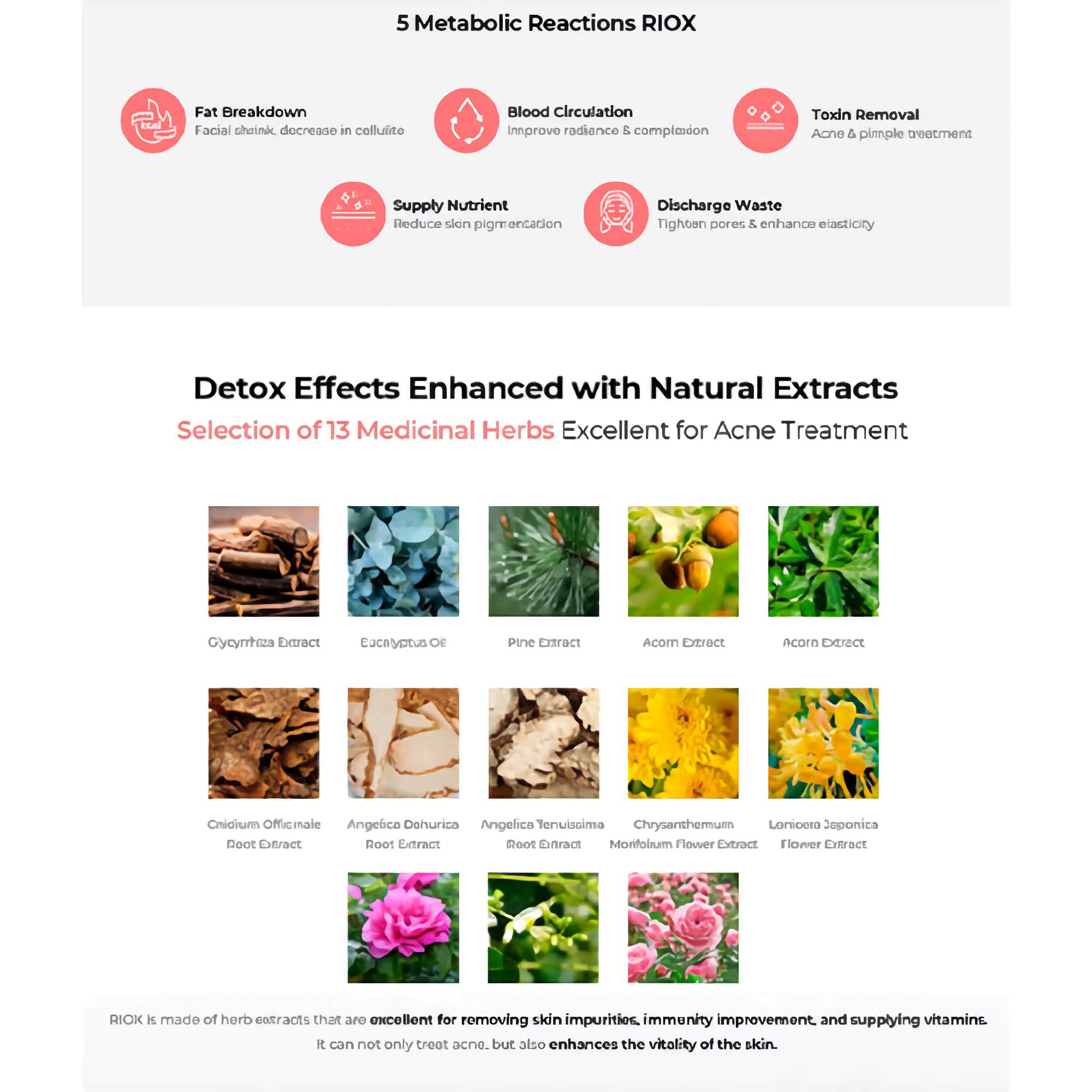 Riox carboxy therapy masks box with 5 treatments for skin detox, oxygenation, pore tightening, and acne improvement using natural herbal extracts.