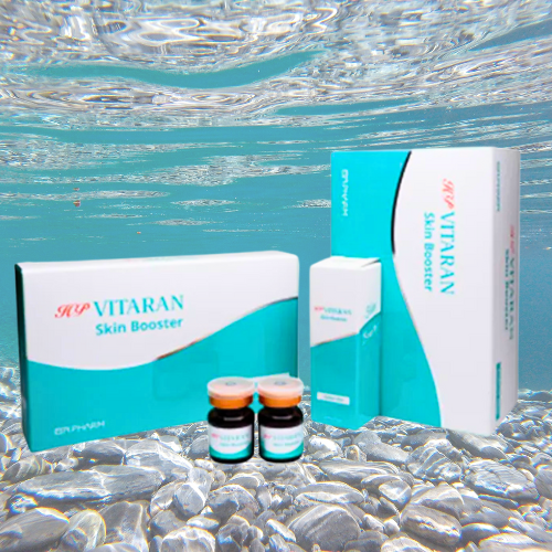 HP VITARAN Salmon DNA Skin Booster with HA packaging on water background.
