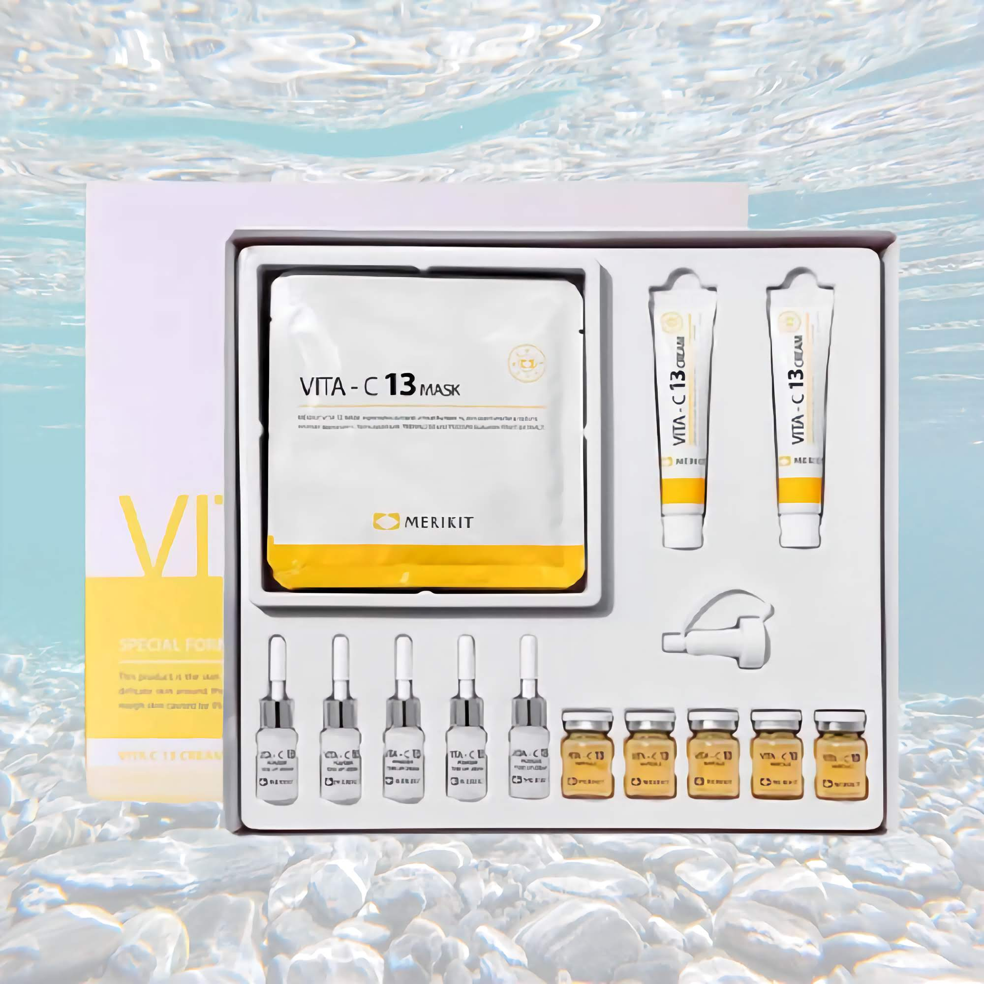 Vitamin C mask kit with salon treatments and skincare products displayed in open packaging.