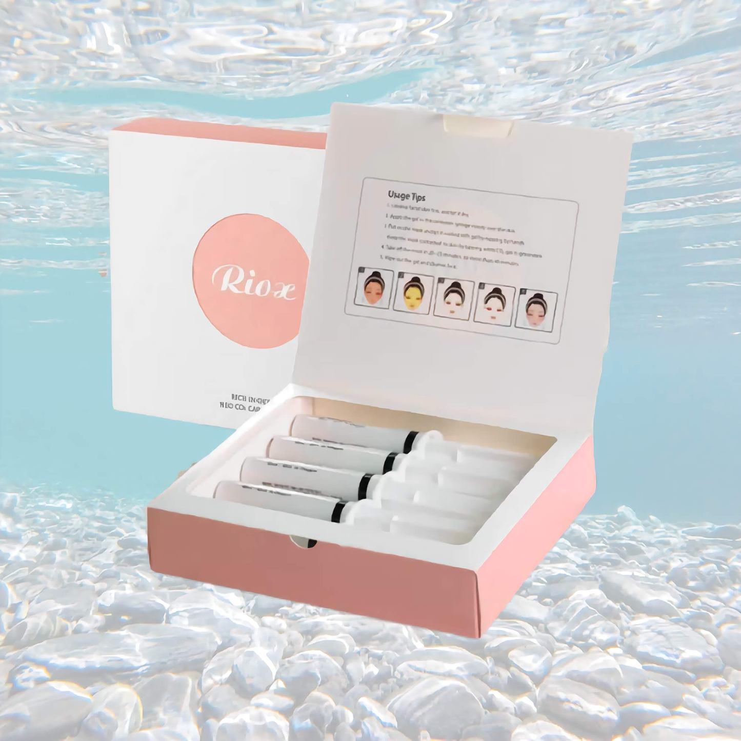 Riox carboxy therapy treatment box with five gel treatments, improving skin oxygenation and elasticity.