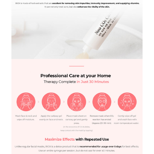 Riox carboxy therapy masks box with 5 treatments for skin detox, oxygenation, collagen boost, pore tightening, and radiant skin.