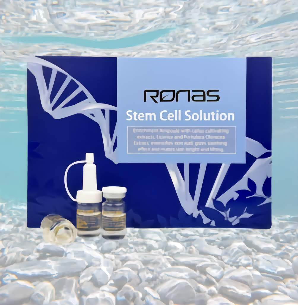 Ronas Stem Cell Solution packaging with vials, designed for microneedling procedures, featuring plant stem cell formula for enhanced skin absorption and hydration.