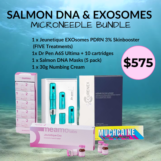 Salmon DNA Microneedle Bundle with skincare products and tools.