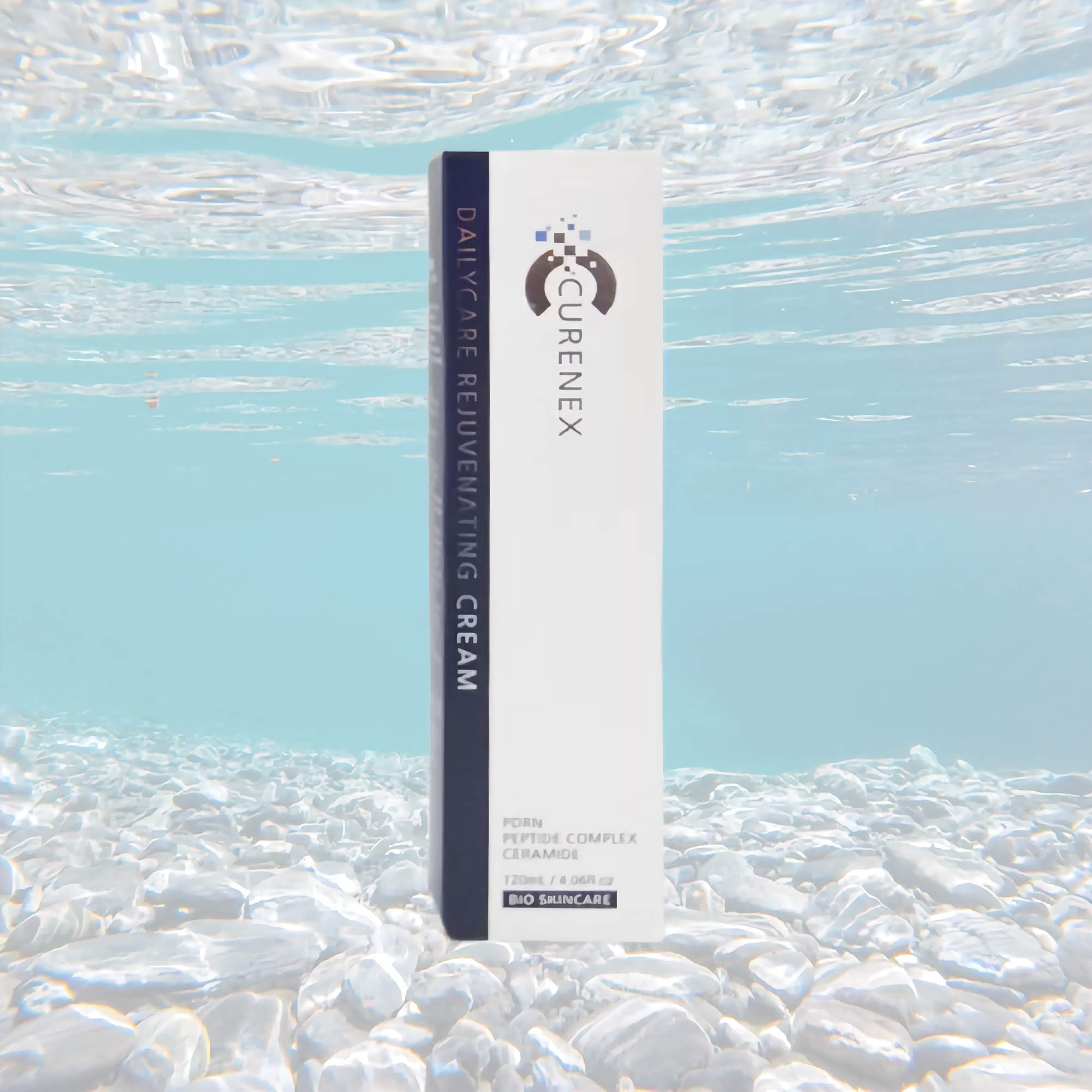Salmon DNA Daily Rejuvenating Cream by Curenex, 120ml packaging under water.