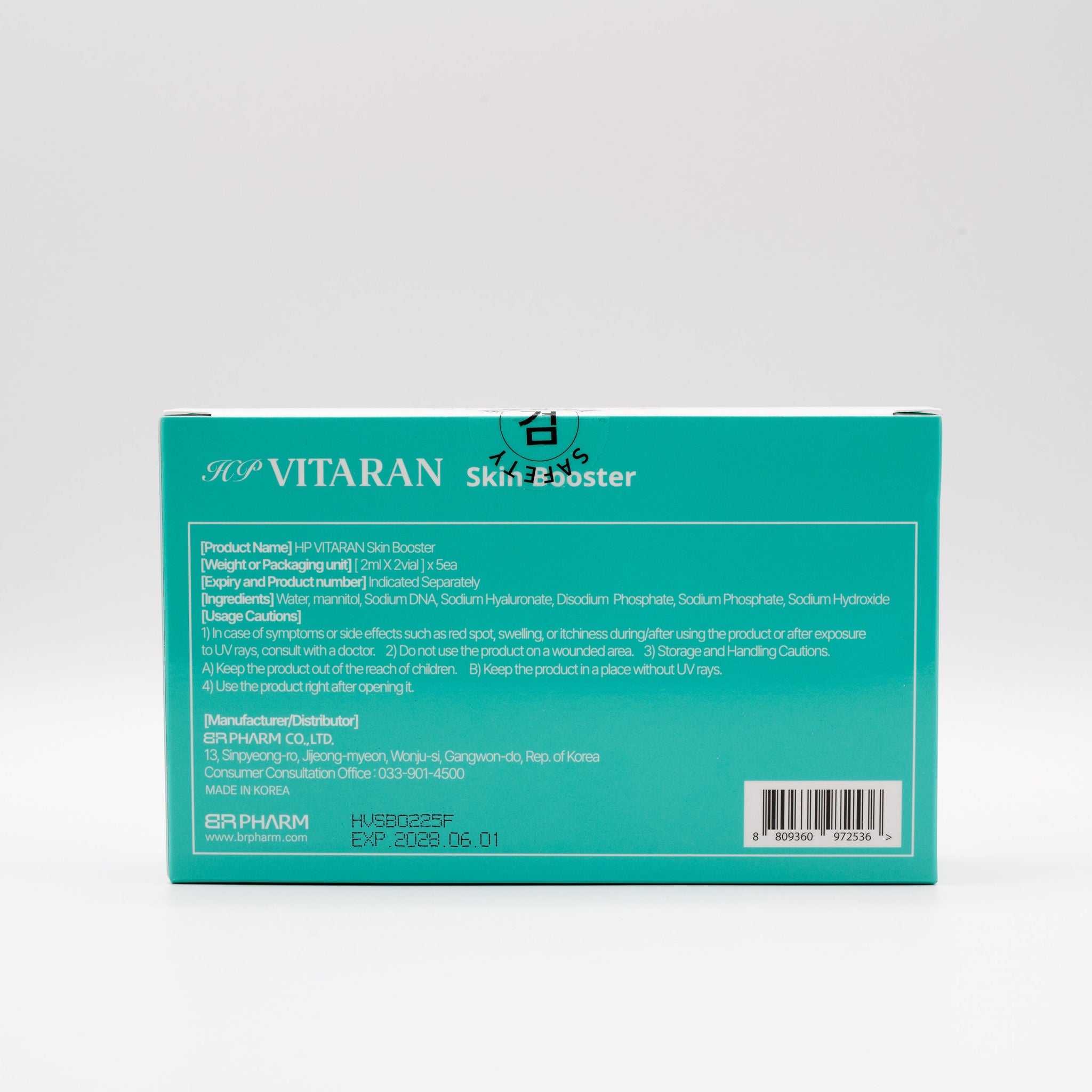 HP VITARAN Salmon DNA Skin Booster with HA packaging box showing product details and usage instructions