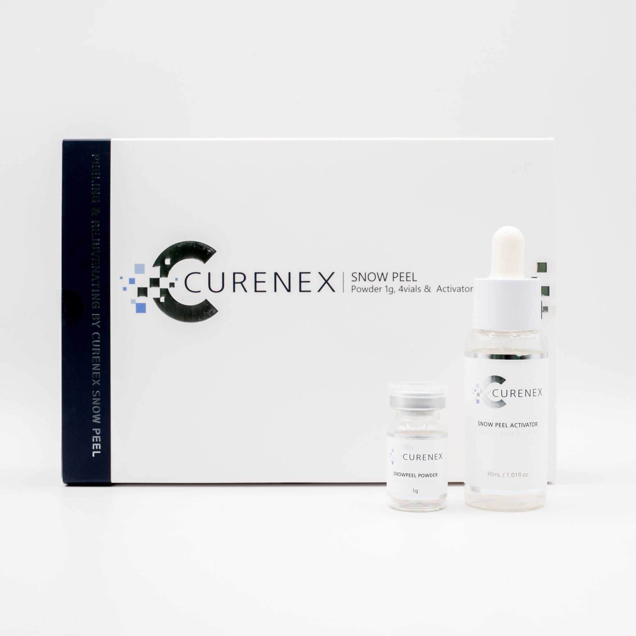 Curenex Snow Peel skincare set with powder vials and activator for skin rejuvenation and brightening