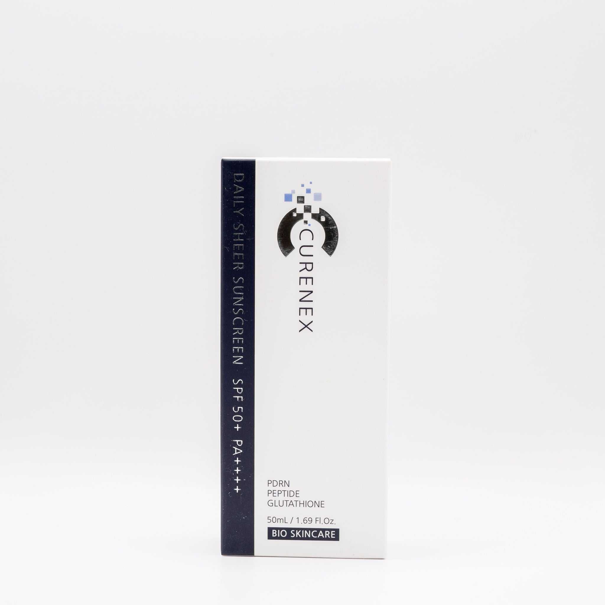 Curenex Salmon DNA daily sheer sunscreen SPF 50+ bio skincare product box on white background