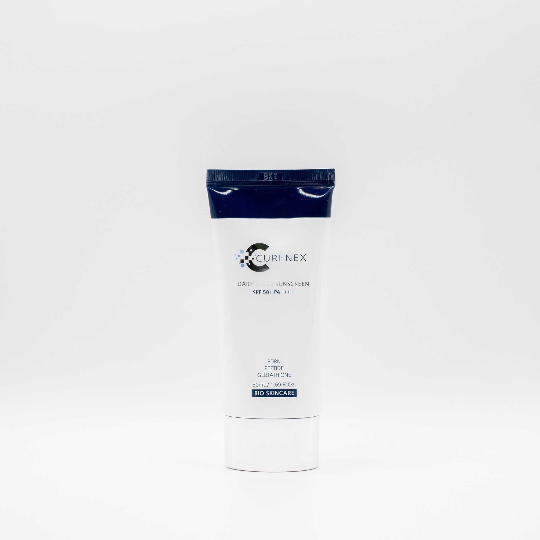 Curenex Salmon DNA Sheer Sunscreen SPF50+ in white and black tube for lightweight UV protection and skin hydration