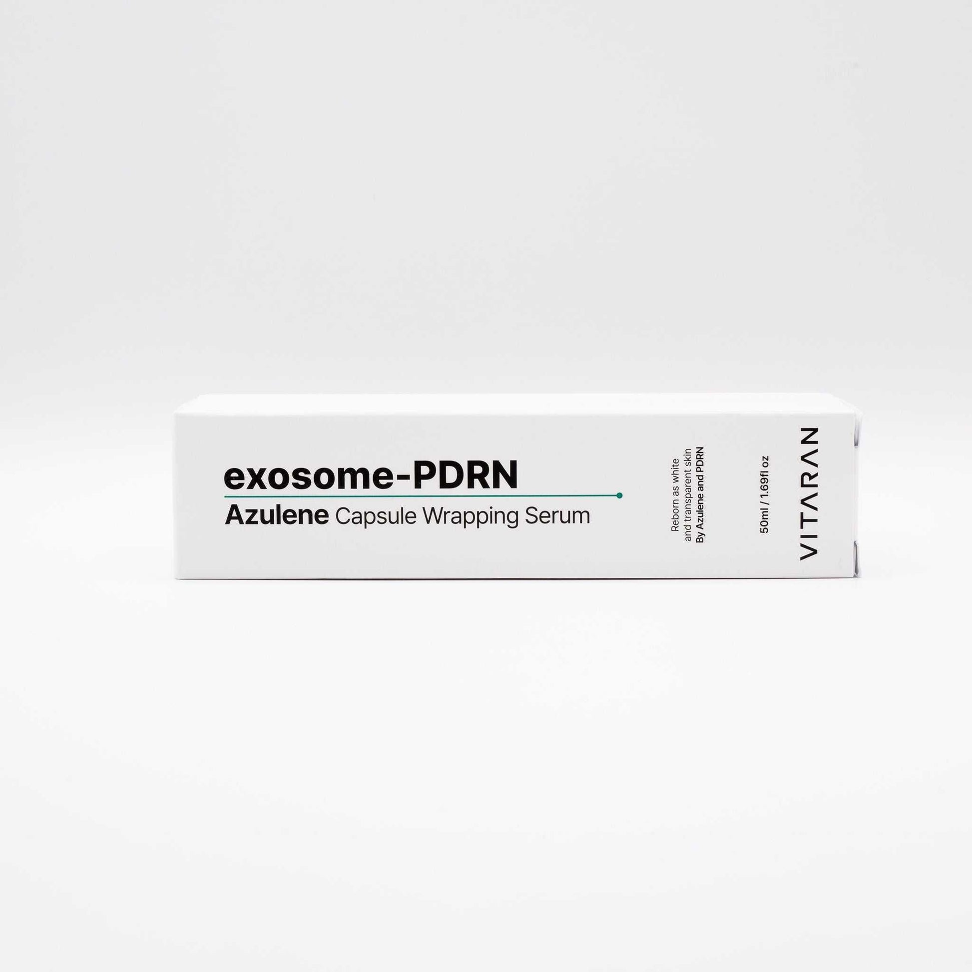 VITARAN Salmon DNA Exosome Azulene Serum box highlighting exosome-PDRN and azulene capsule wrapping serum ingredients for advanced skin rejuvenation and anti-aging.
