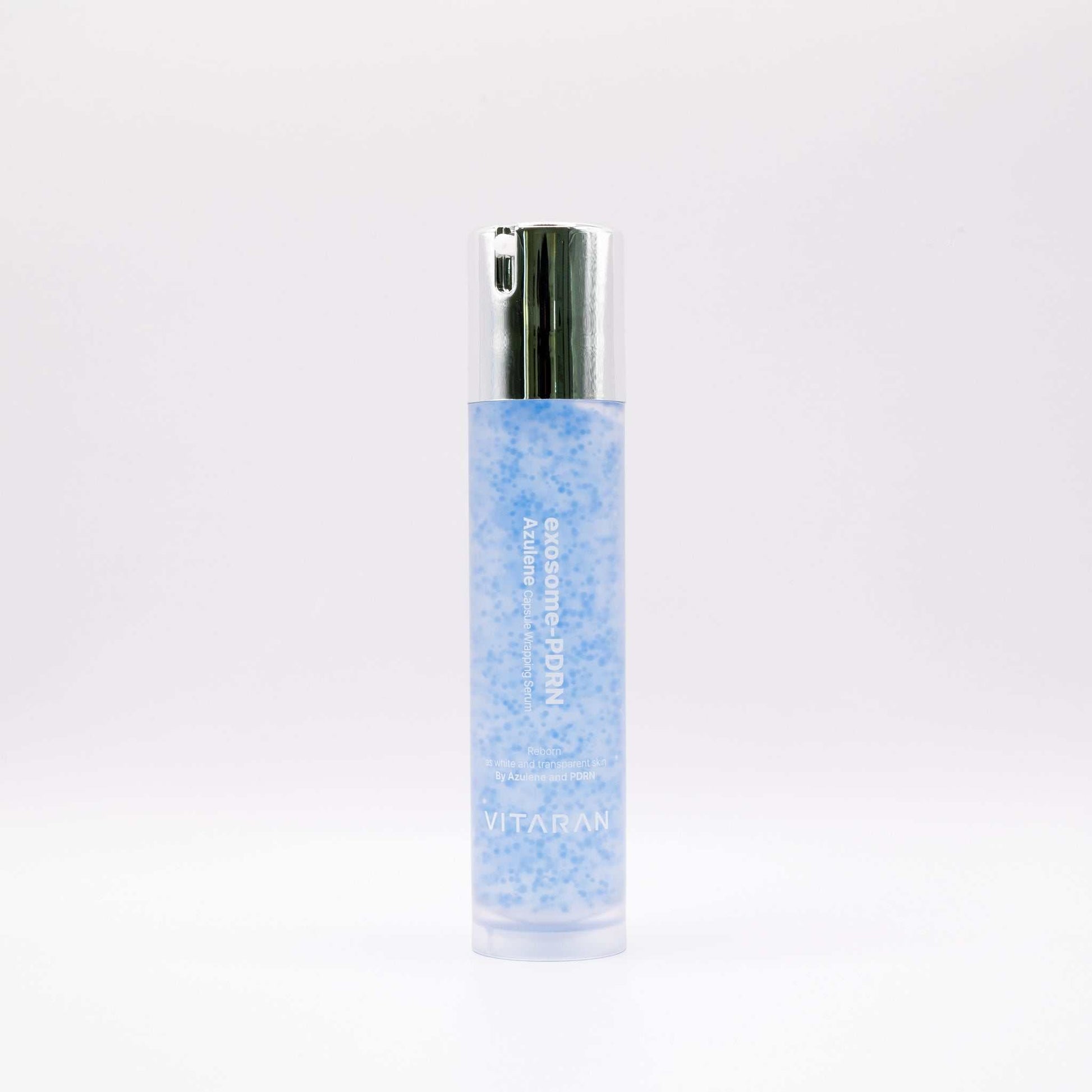 VITARAN Salmon DNA Exosome Azulene Serum blue liquid in clear bottle with silver cap for anti-aging and skin rejuvenation