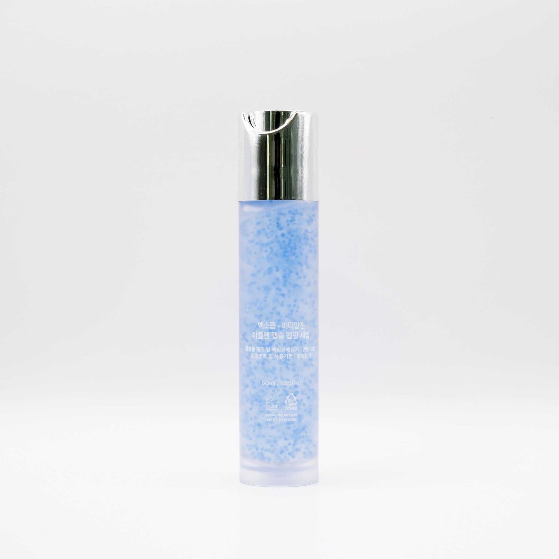 VITARAN Salmon DNA Exosome Azulene Serum 50ml bottle with blue serum and silver cap for skin rejuvenation and anti-aging.