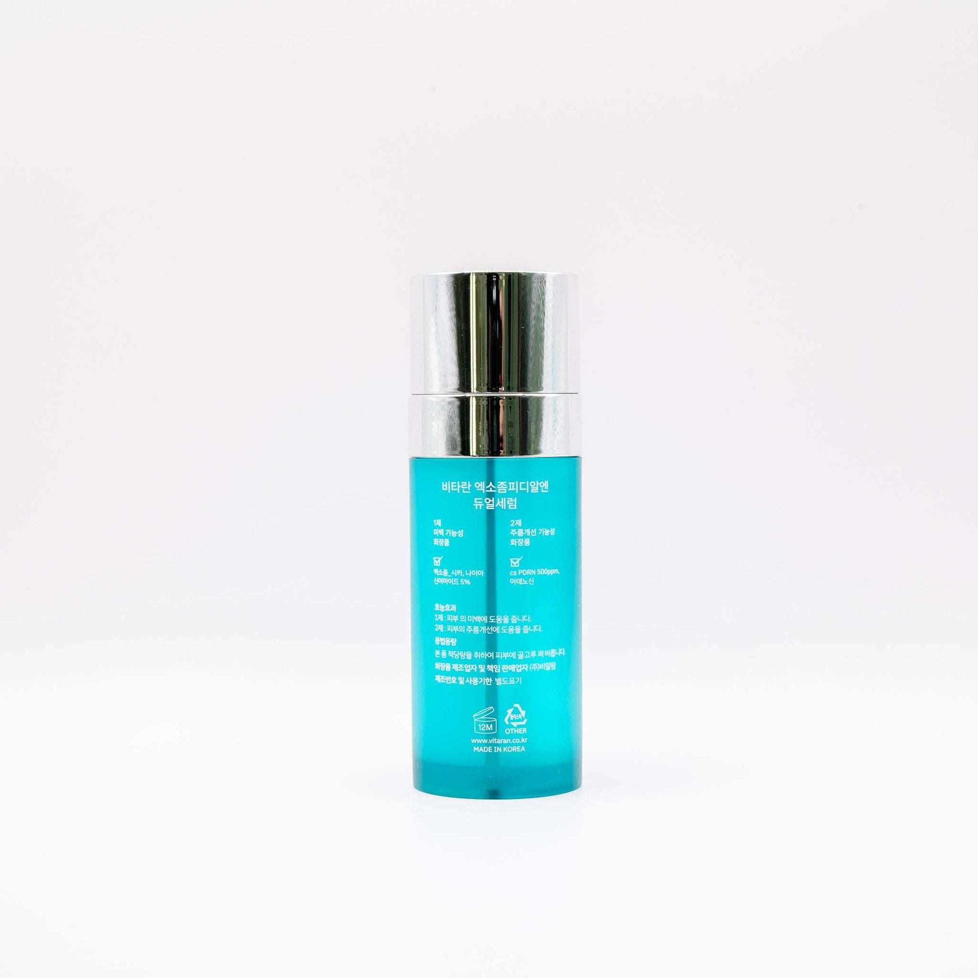 VITARAN Salmon DNA PDRN Exosome Serum in blue bottle with silver cap for skin rejuvenation and firming containing salmon DNA, exosomes, centella asiatica, adenosine, and niacinamide.