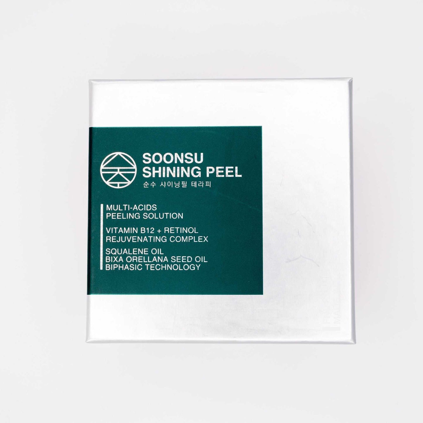 Soonsu Shining Peel box with multi-acids, Vitamin B12, retinol, squalene oil, and biphasic technology for skin rejuvenation