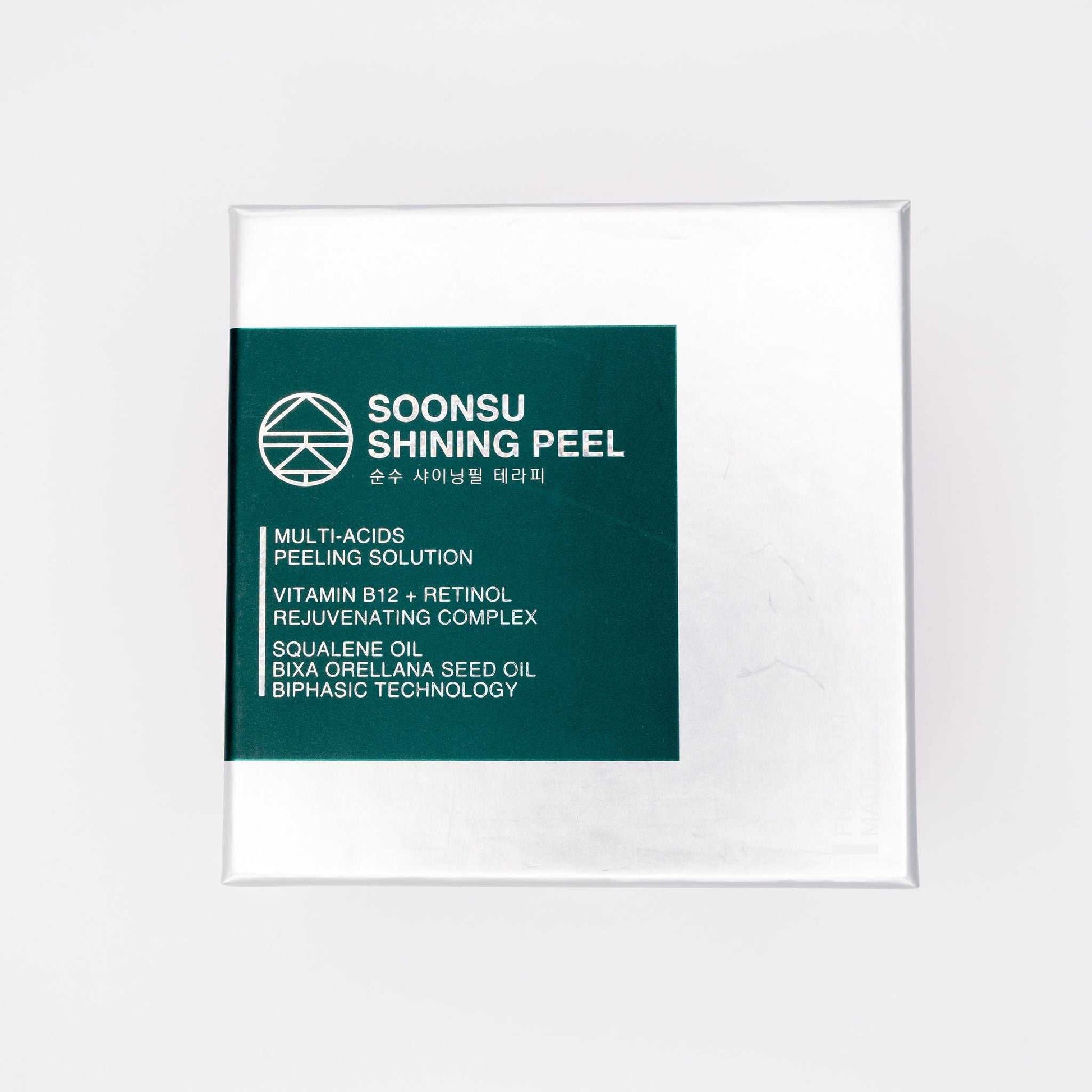 Soonsu Shining Peel box with multi-acids, Vitamin B12, retinol, squalene oil, and biphasic technology for skin rejuvenation