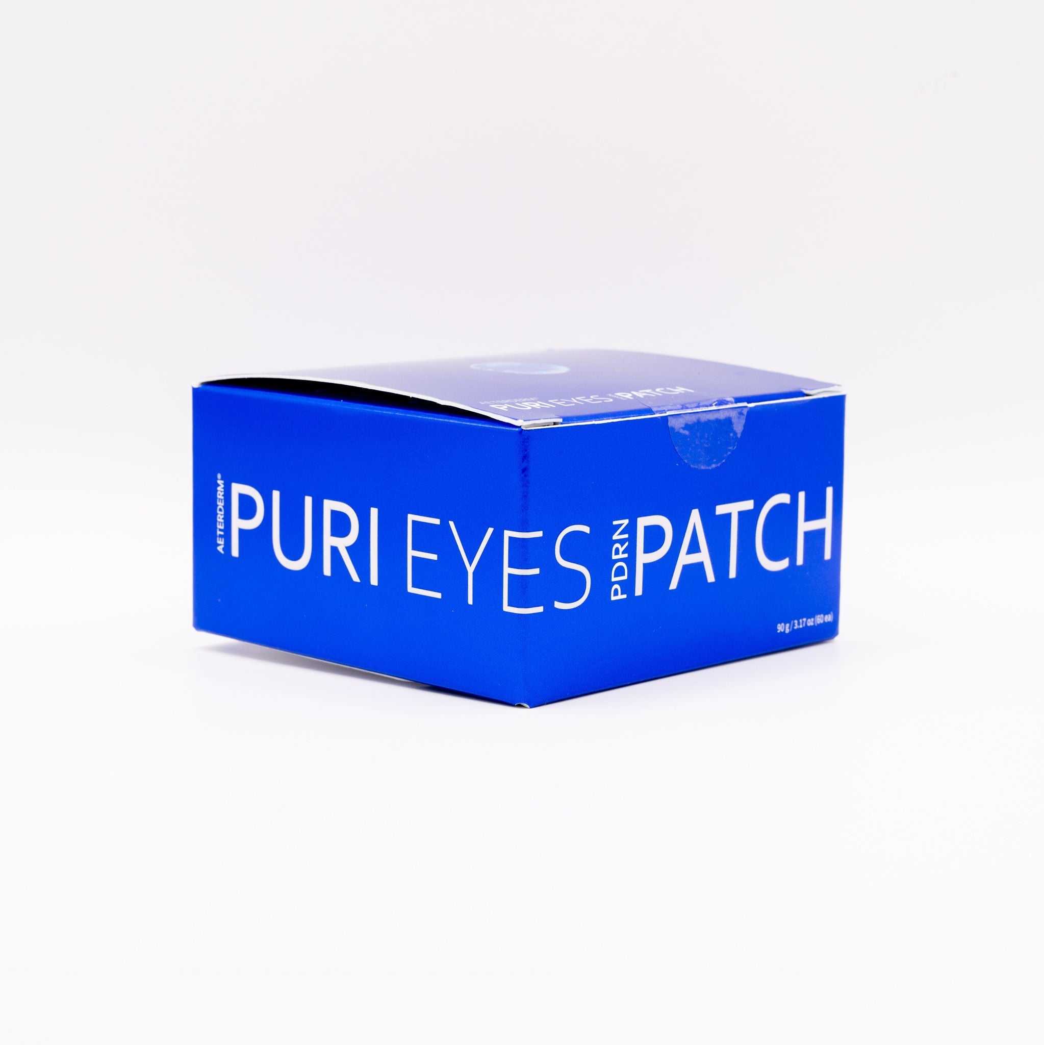 Puri Eyes PDRN Patches blue box packaging for under-eye skin rejuvenation and hydration treatment.