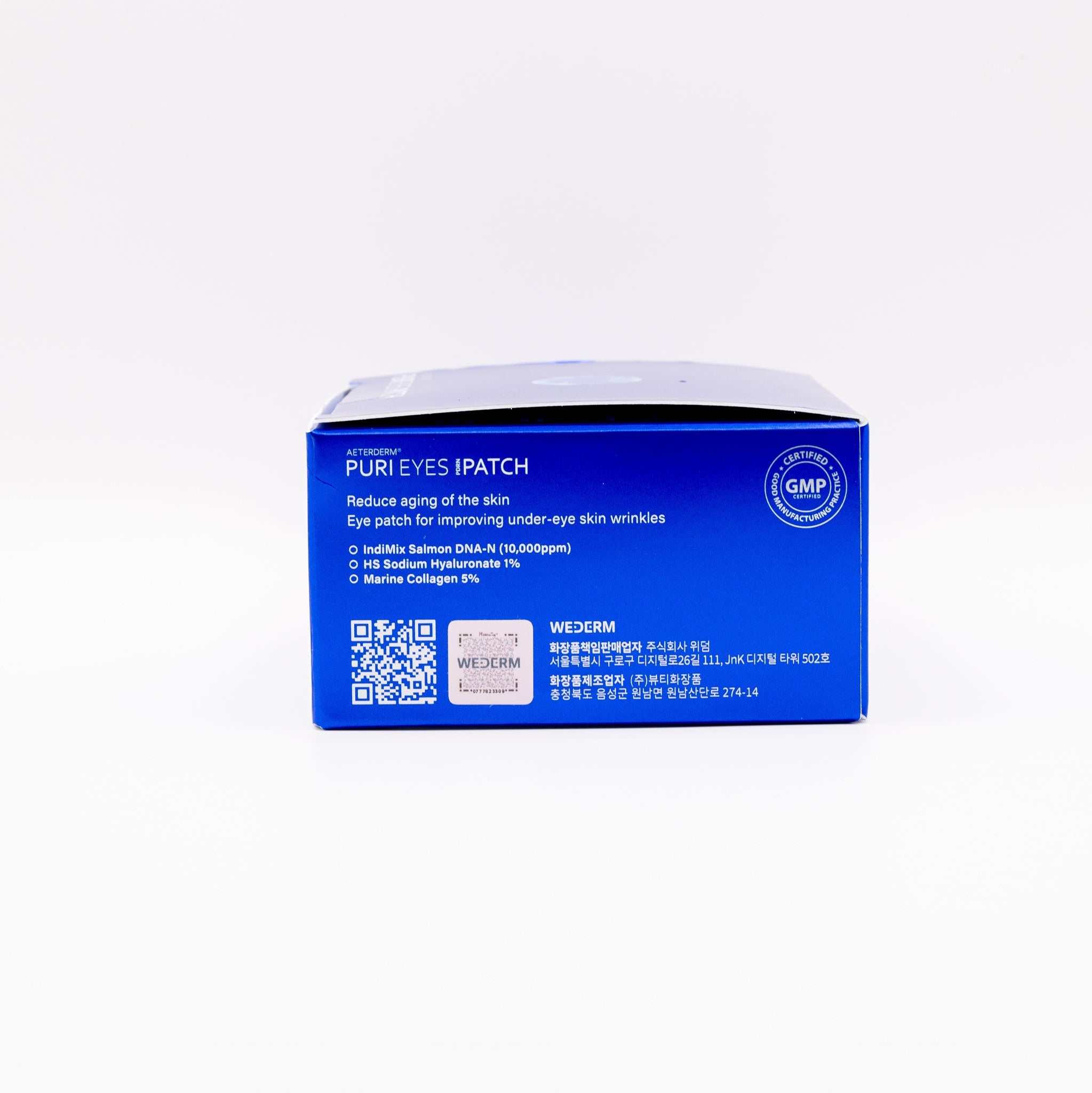 Blue box of Puri Eyes PDRN Patches for reducing under-eye wrinkles and aging skin with salmon DNA and marine collagen ingredients