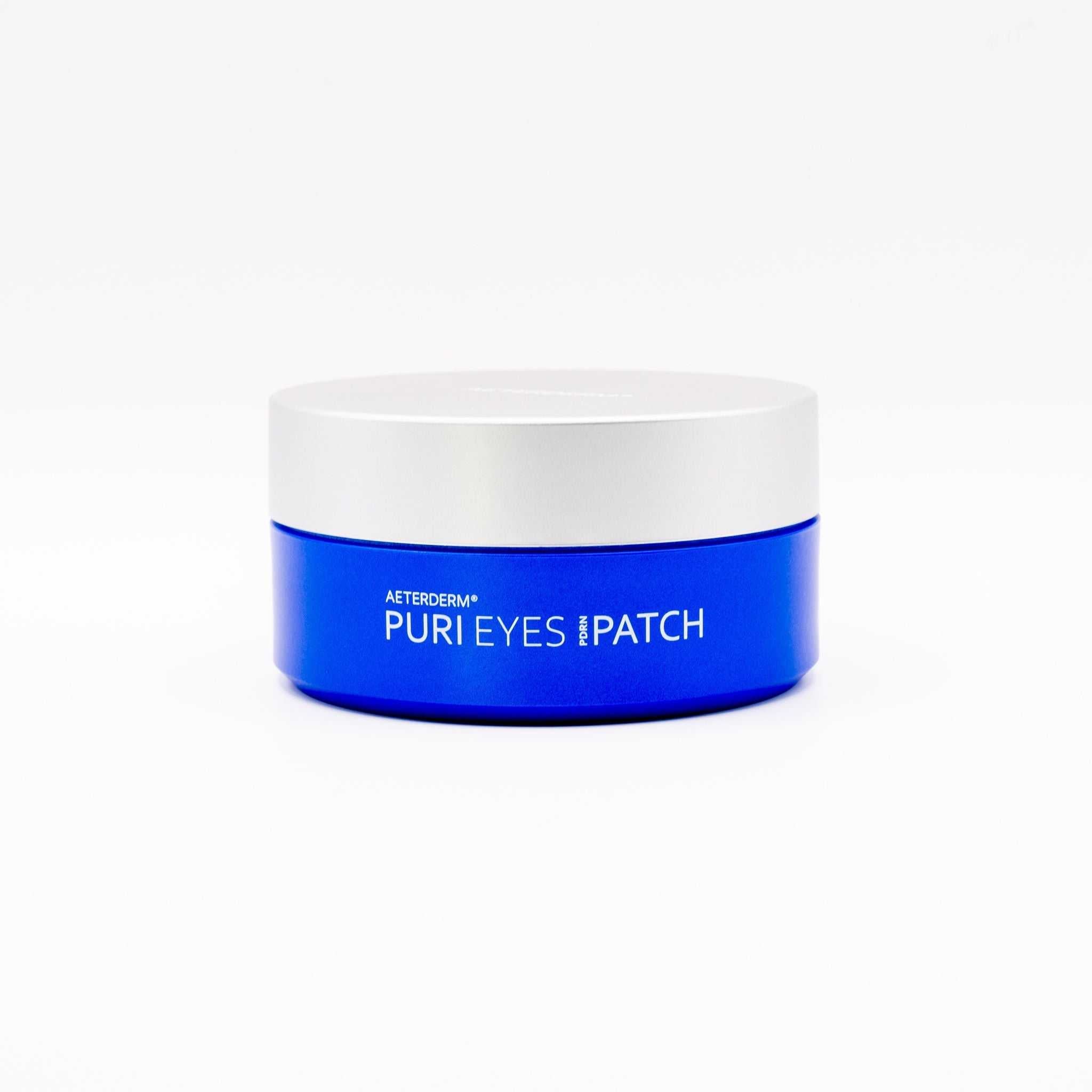 Puri Eyes PDRN Patches blue jar with white lid for under-eye hydration and revitalization.