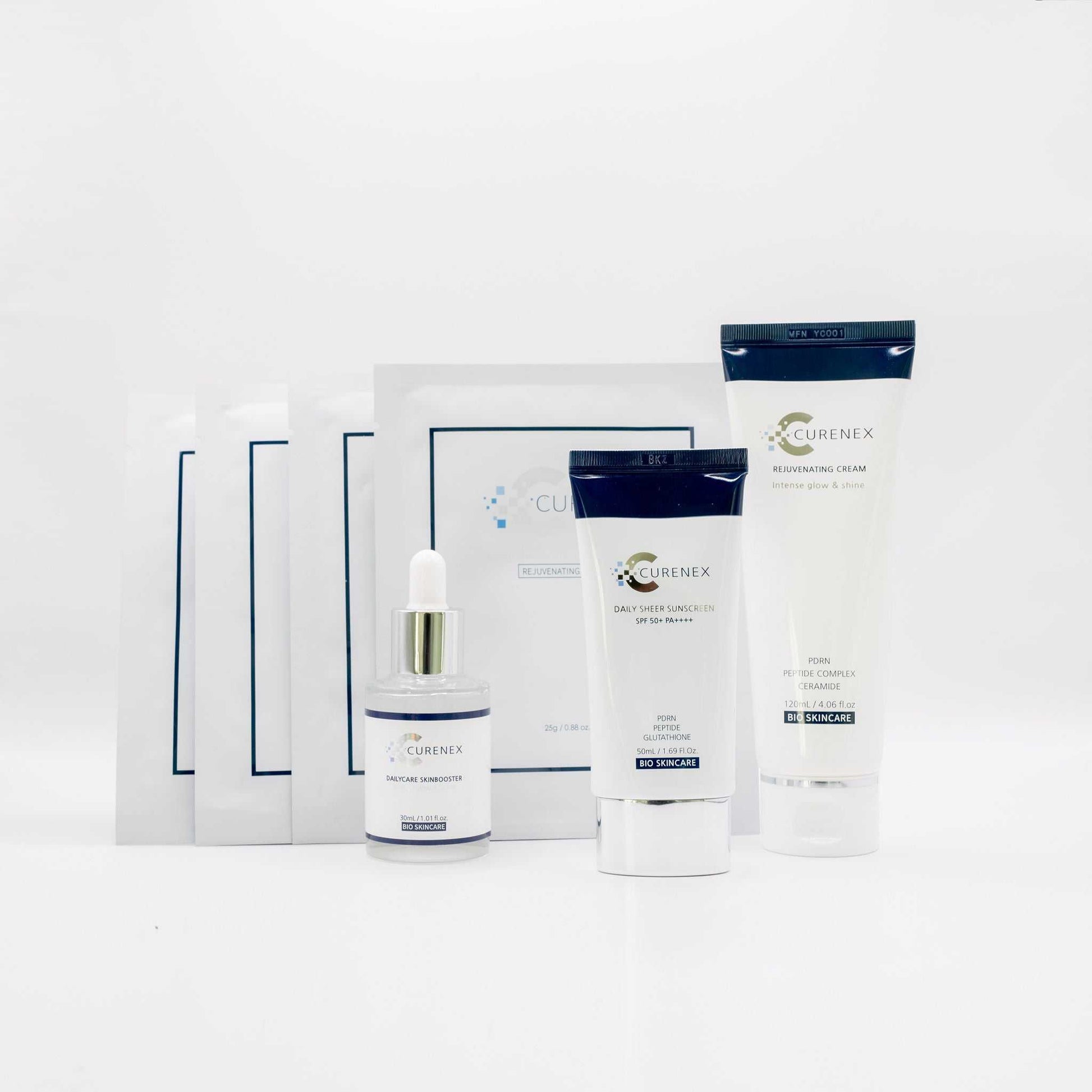 Christmas Glow Salmon DNA Radiance Set by Curenex featuring brightening peel, revitalising masks, daily booster, moisturiser, and sunscreen for glowing skin