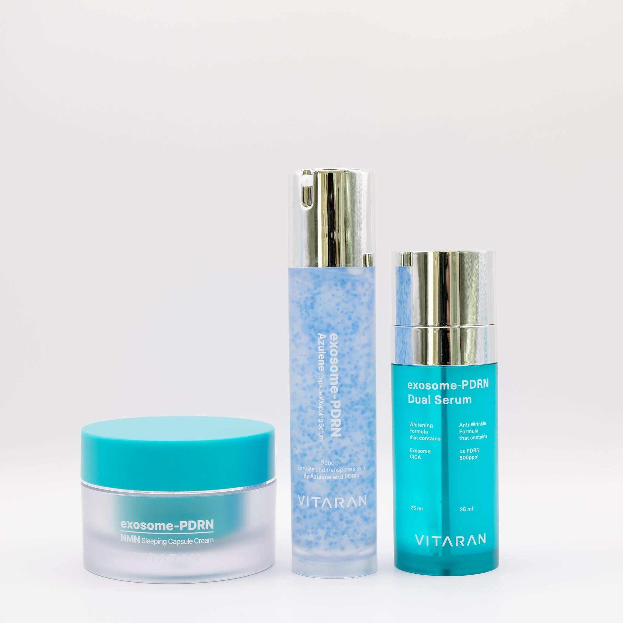 Salmon DNA Glow Protocol skincare products including Curenex Snow Peel, Salmon DNA sheet mask, and VITARAN Exosome 3 Step set for at-home facial treatment