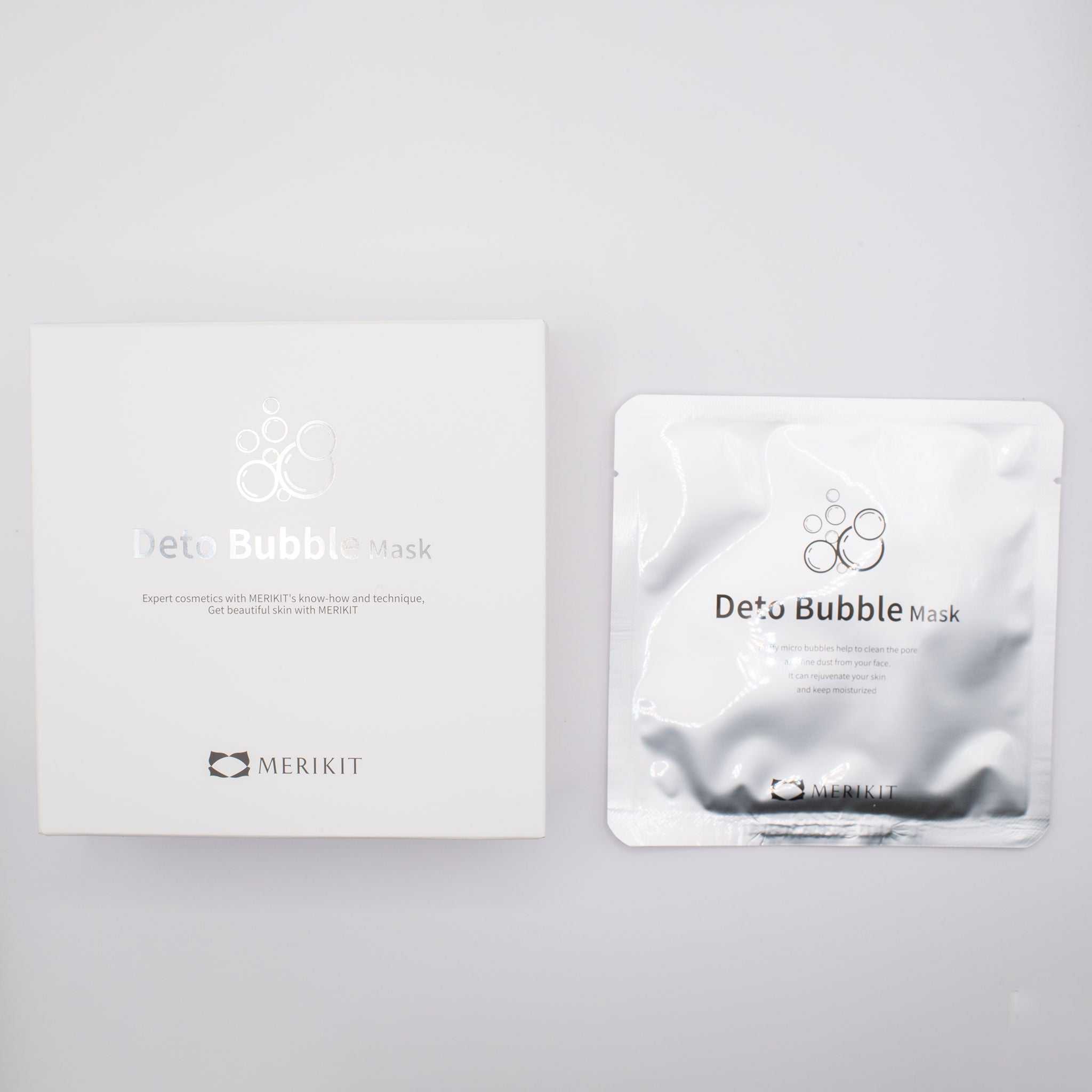 MERIKIT Deto Bubble Mask 10 pack with individual foil mask pouch for deep pore cleansing and skin detox.