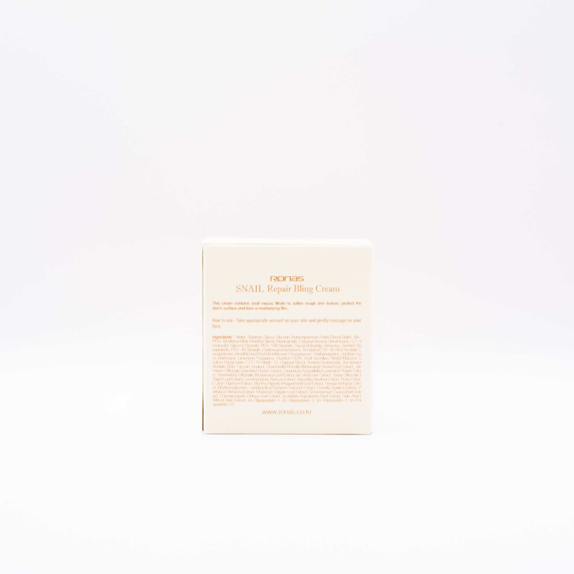 Rona’s Snail Repair Bling Cream box packaging with product information on white background
