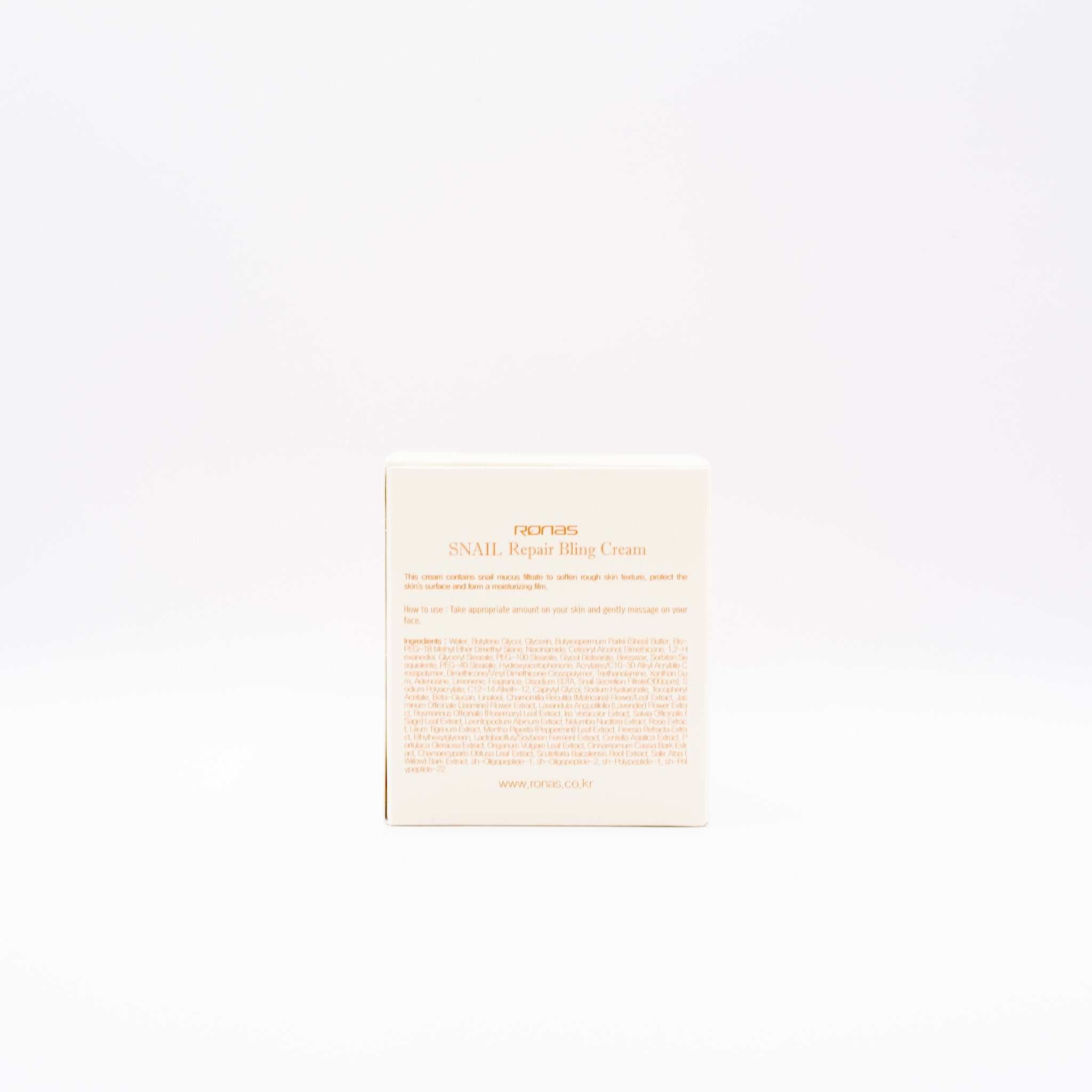 Rona’s Snail Repair  Cream box packaging with product information on white background