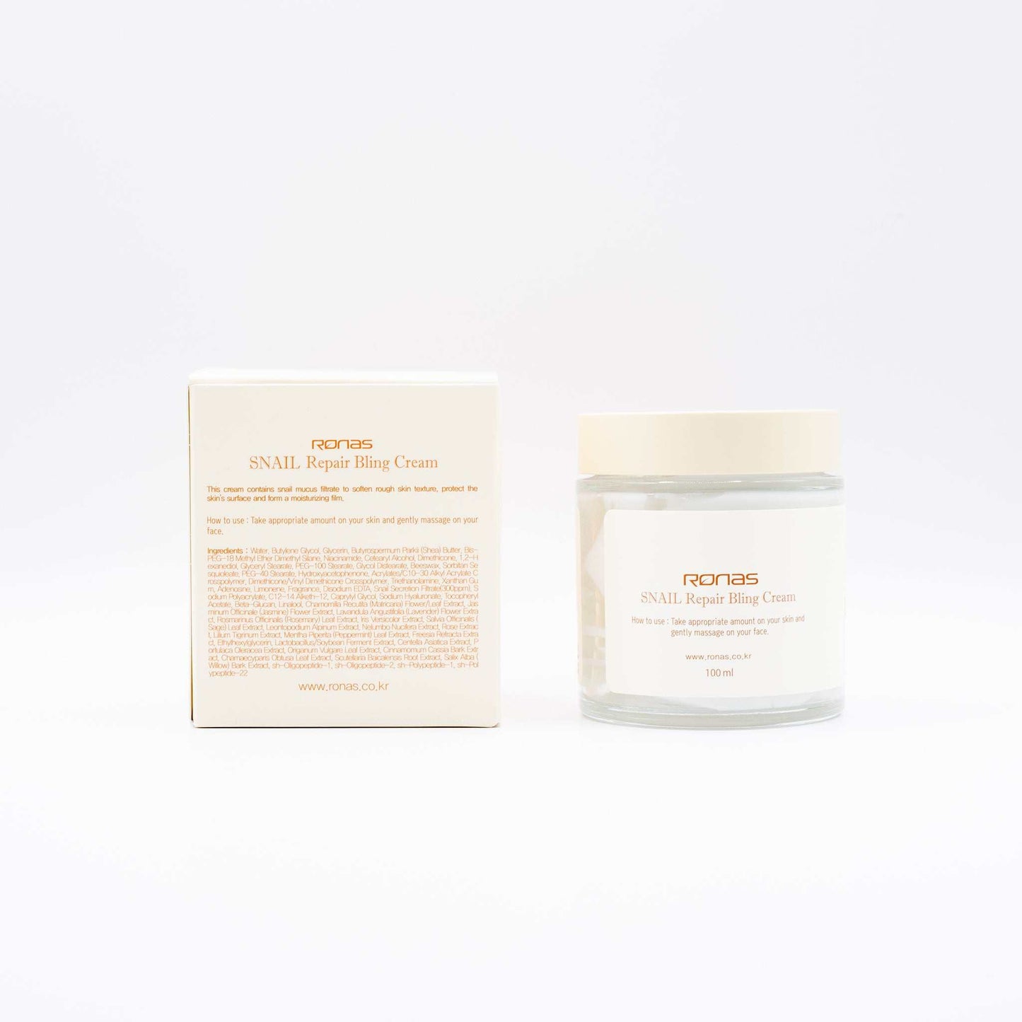 Rona’s Snail Repair Bling Cream jar and box packaging with snail mucin skincare product on white background