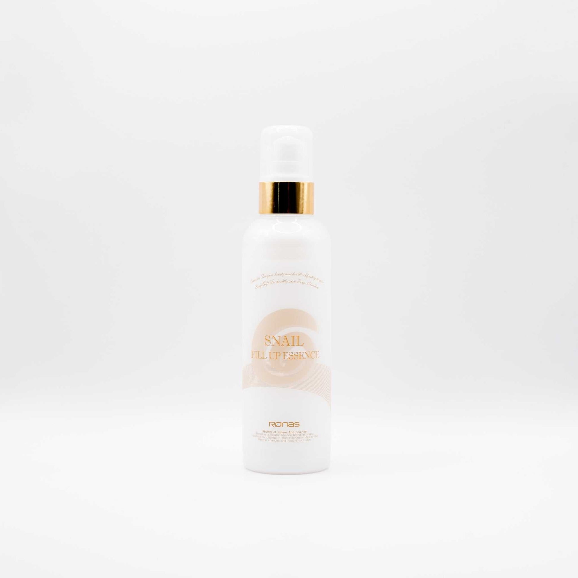 RONAS Snail Filler Essence 200ml bottle, hydrating and firming facial serum with snail secretion filtrate for skincare.