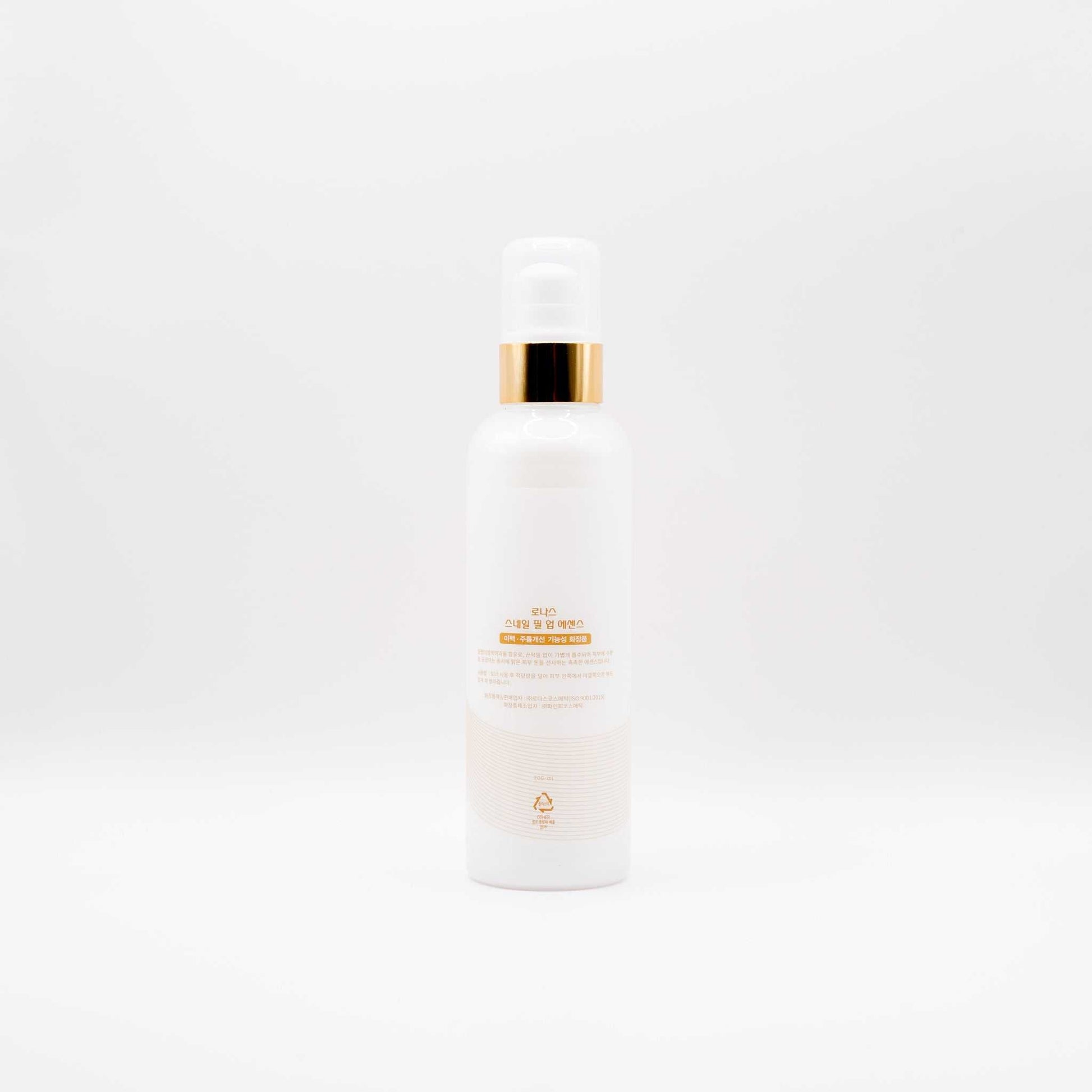 RONAS Snail Filler Essence 200ml white bottle with gold pump cap for hydrating and firming skin serum