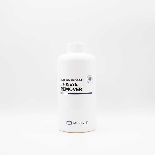 White bottle of Merikit lip and eye remover on a white background