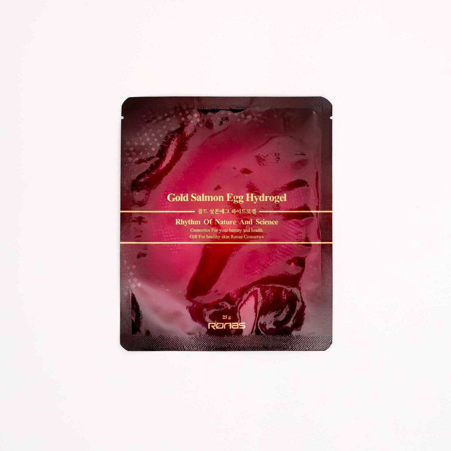 RONAS Gold Salmon Egg Hydrogel Mask packet for deep hydration, firming, and brightening skin.