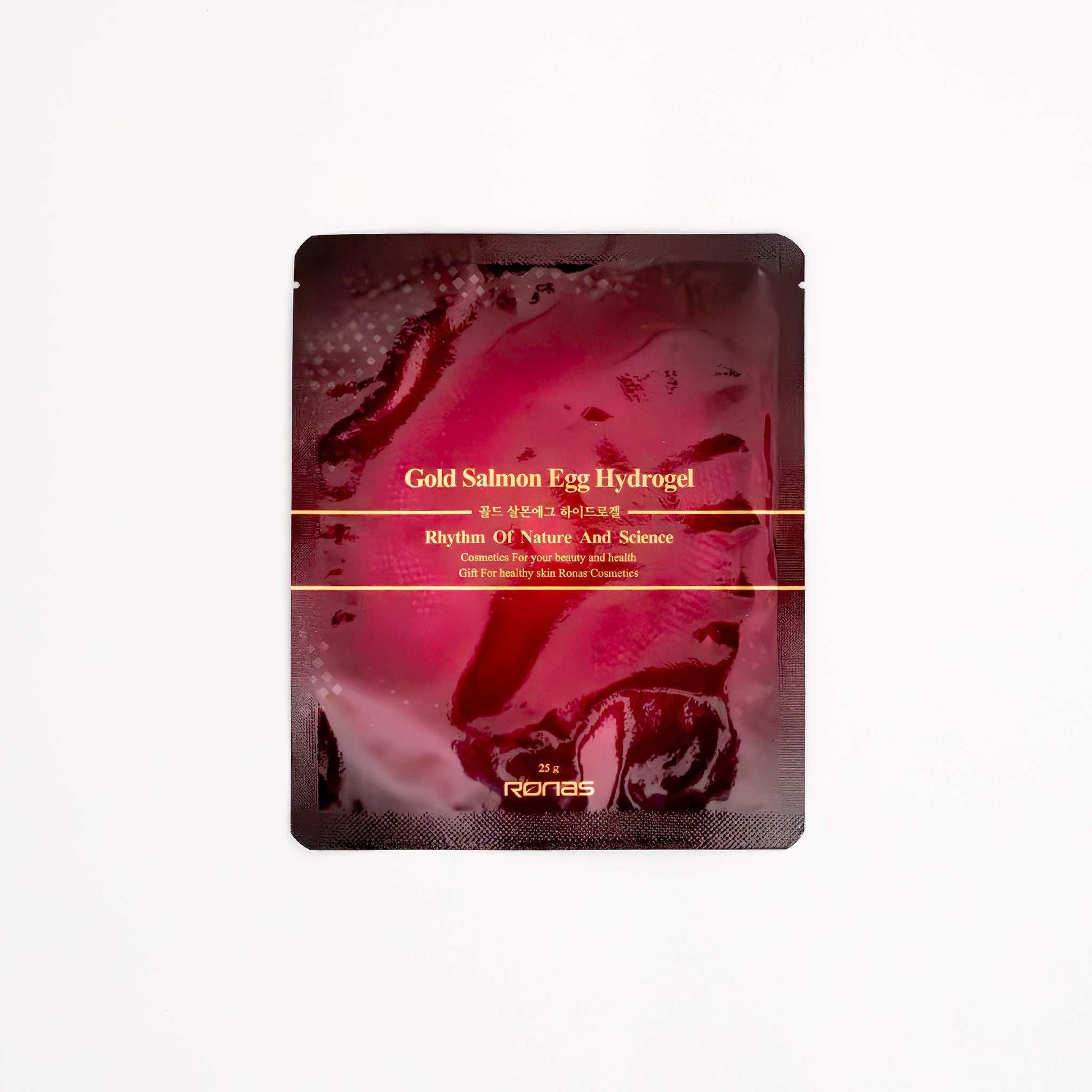RONAS Gold Salmon Egg Hydrogel Mask packet for deep hydration, firming, and brightening skin.