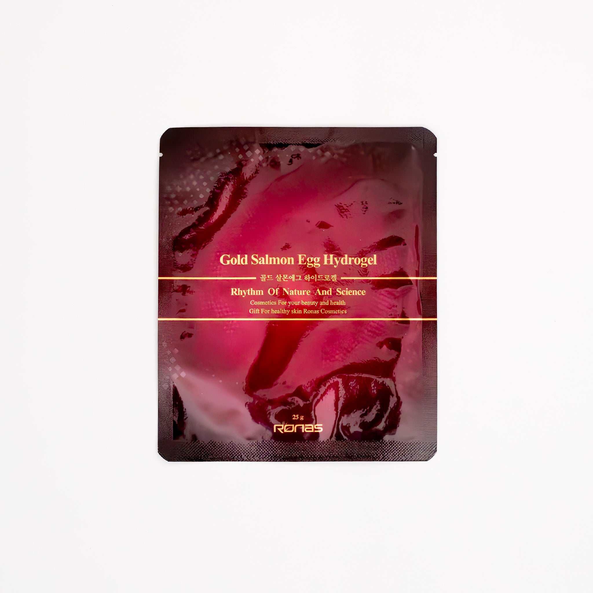 RONAS Gold Salmon Egg Hydrogel Mask packet for deep hydration, firming, and brightening skin.