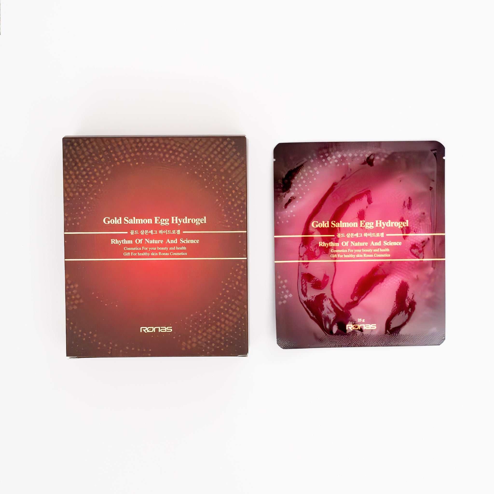 RONAS Gold Salmon Egg Hydrogel Masks packaging and single mask sachet for deep hydration and anti-aging skincare.