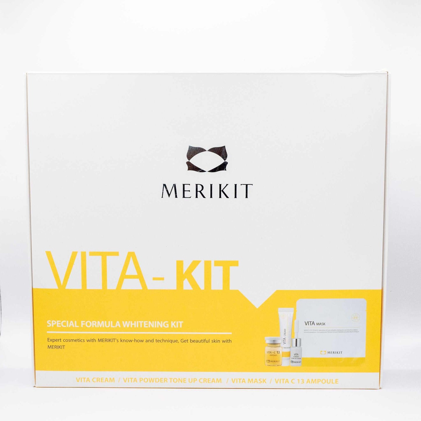 Vitamin C mask kit box with whitening formula and skincare products for brightening and hydration by Merikit
