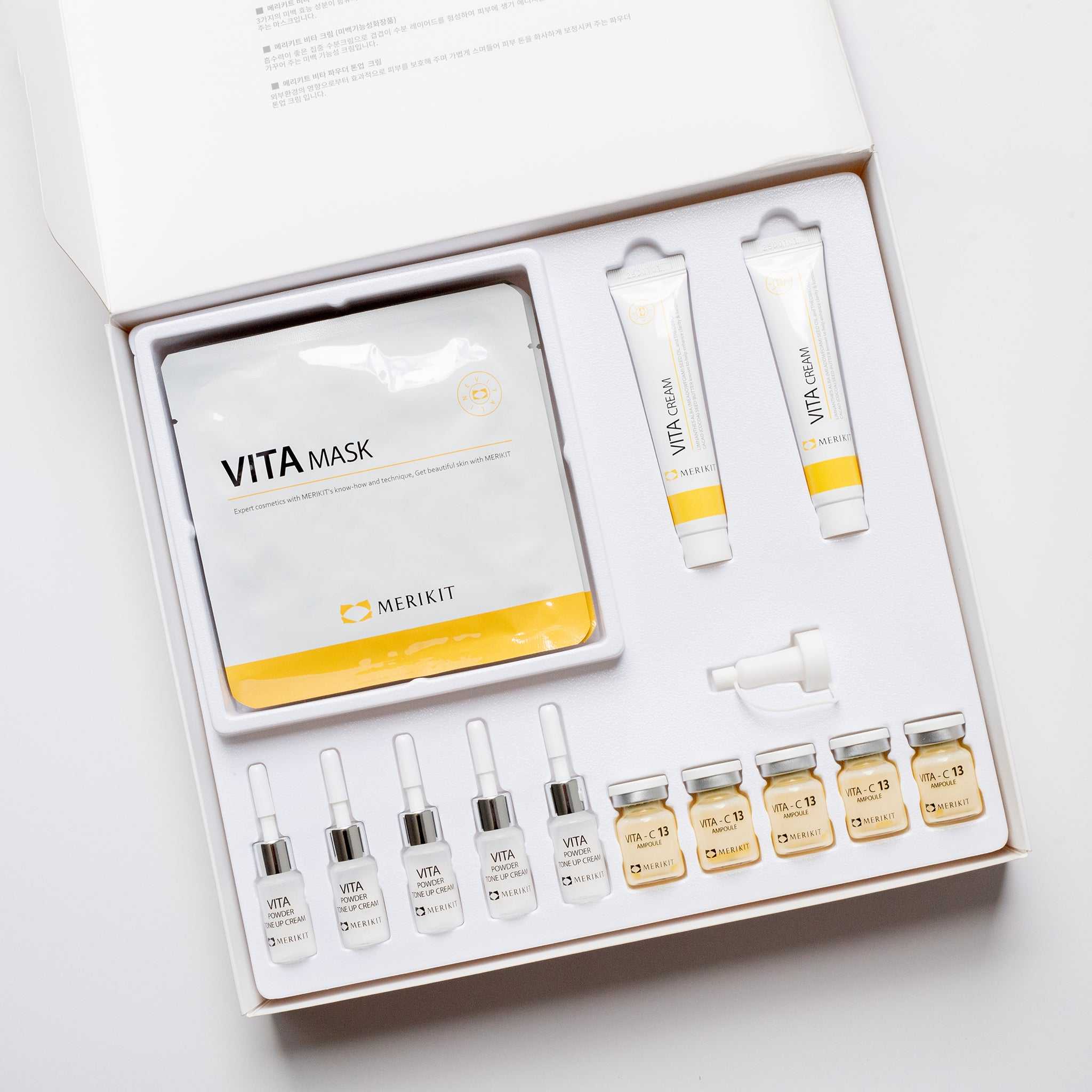 Vitamin C mask kit with VITA mask, ampoules, cream, and tone-up powder for brightening and revitalizing skin