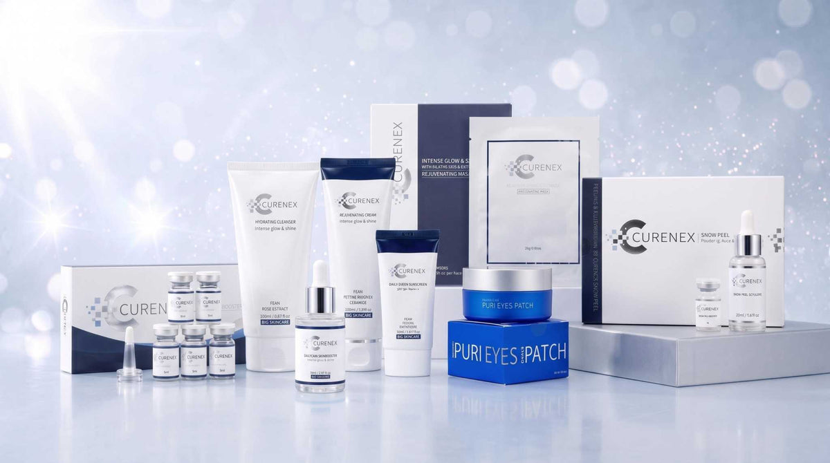 CureNex Full System Kit with white and navy skincare bottles, boxes, ampoules, sheet masks and blue eye patch packaging.