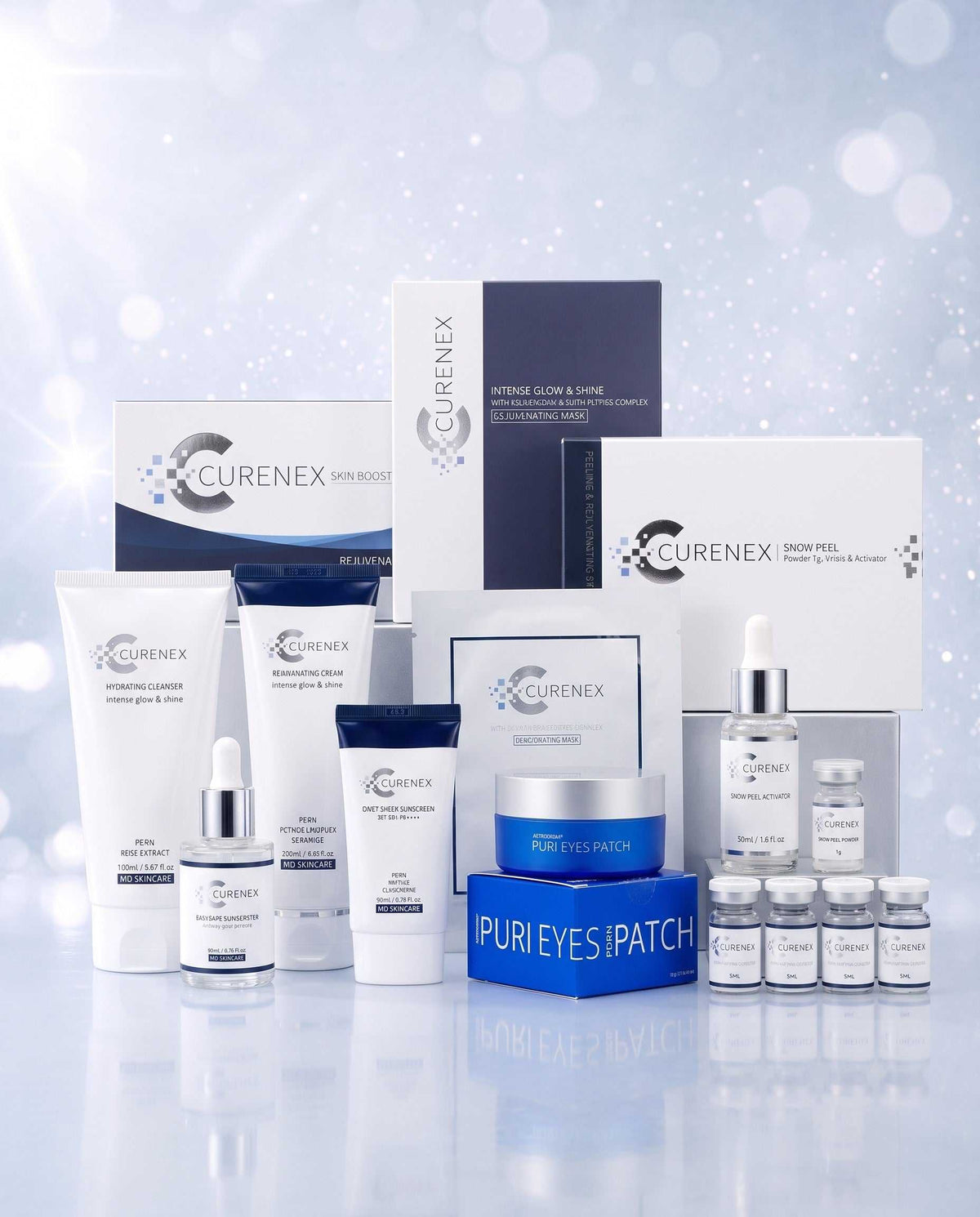 CureNex Full System Kit skincare set in white, navy and blue packaging, with bottles, jars, ampoules and eye patches.