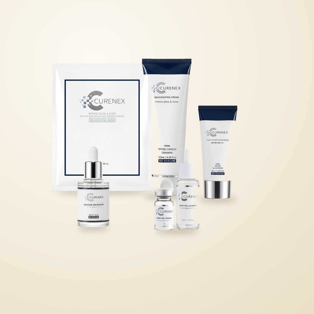 Glow Salmon DNA Gift Set: sheet mask, rejuvenating cream, sheer sunscreen SPF50+, daily serum and Snow Peel
