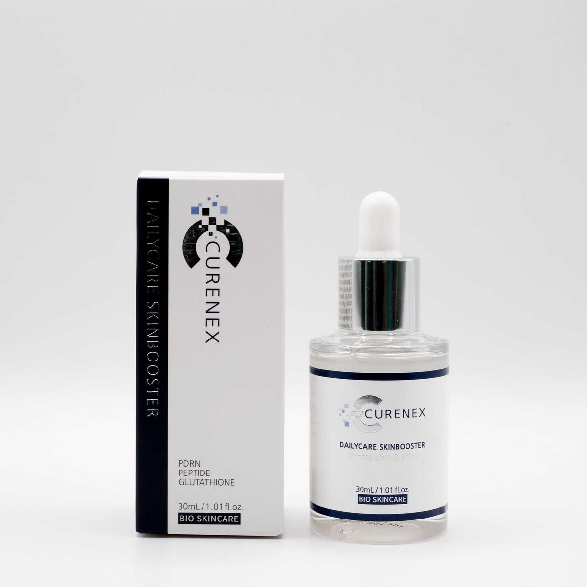 CureNex Dailycare Skinbooster salmon DNA serum bottle with carton, part of the CureNex 4 step daily skincare set