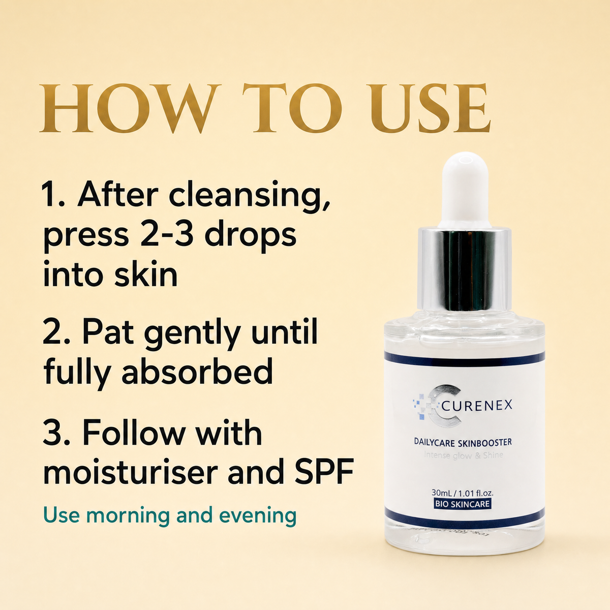 How to use the CureNex salmon DNA daily serum: press two to three drops into clean skin, then moisturiser and SPF