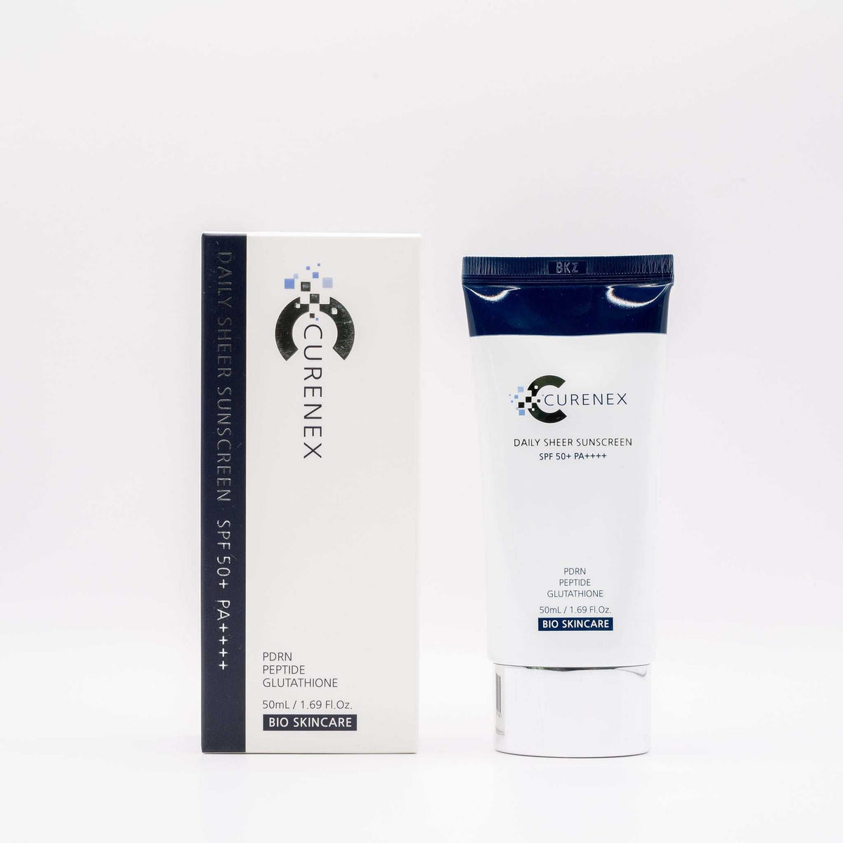 CureNex Daily Sheer Sunscreen SPF50+ tube with its carton, salmon DNA sheer cream with SPF50+ from Korea