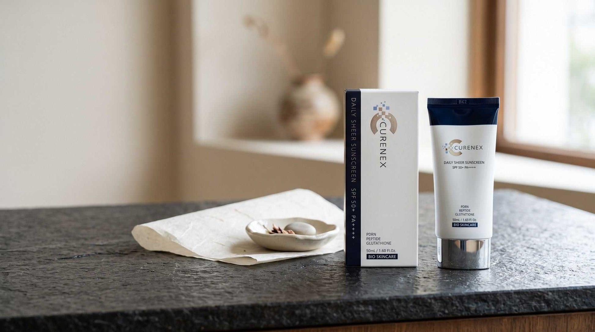 Curenex sheer sunscreen origin scene from the Salmon DNA PDRN 3 Step Set