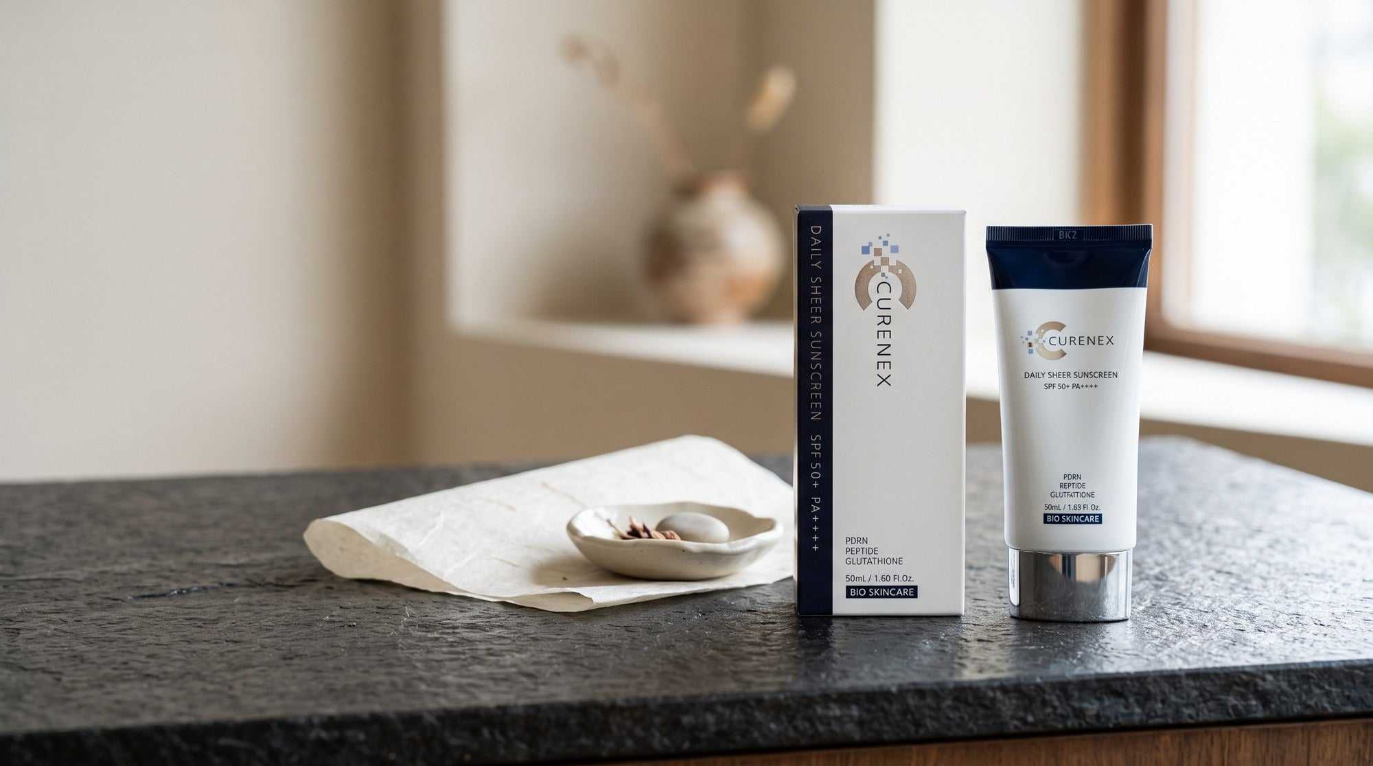 Curenex sheer sunscreen origin scene from the Salmon DNA PDRN 3 Step Set