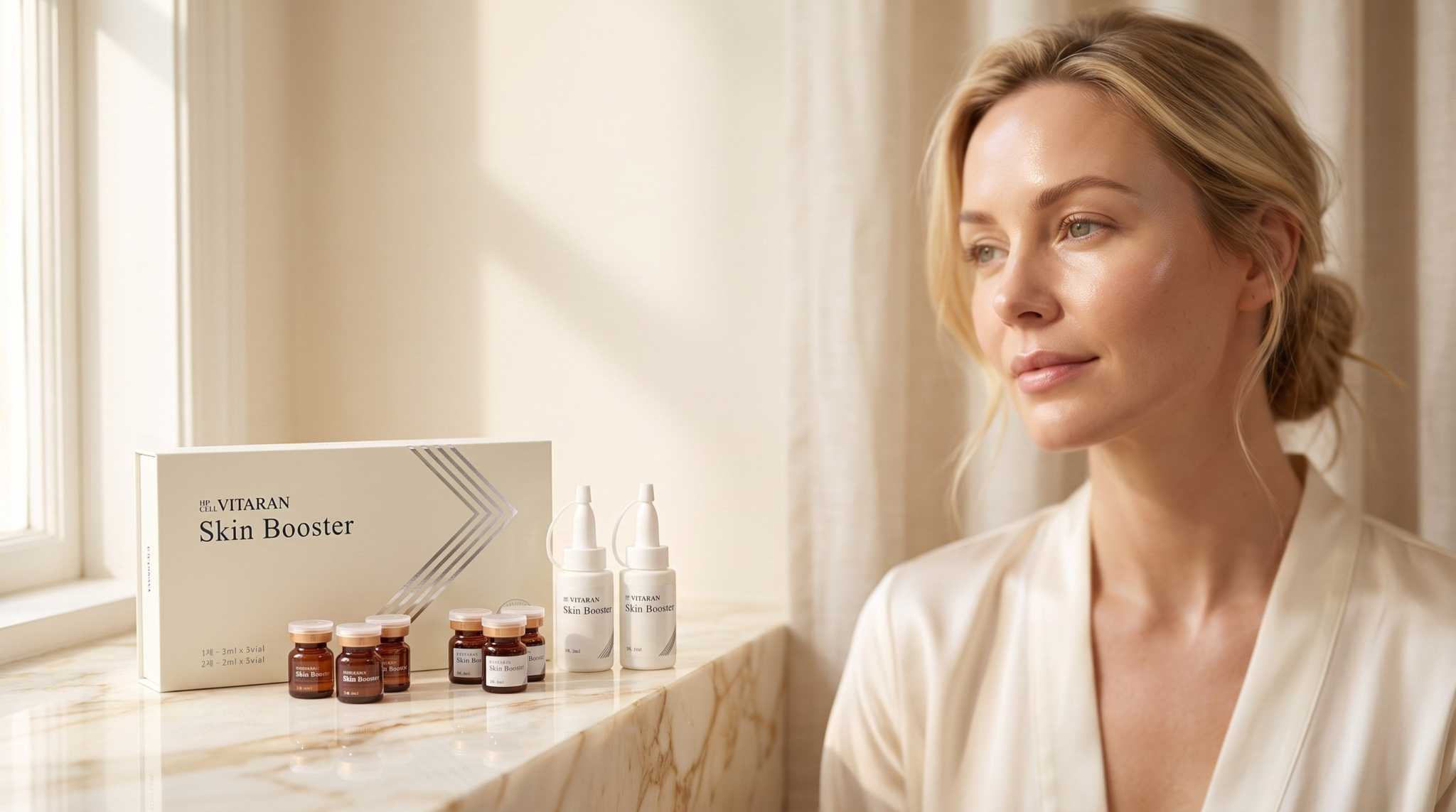 HP Cell VITARAN Salmon DNA Skin Booster benefits visual for plump hydrated radiant skin