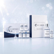 Salmon DNA Peptides Glow Set: CureNex Skin Booster and Snow Peel on a silver background