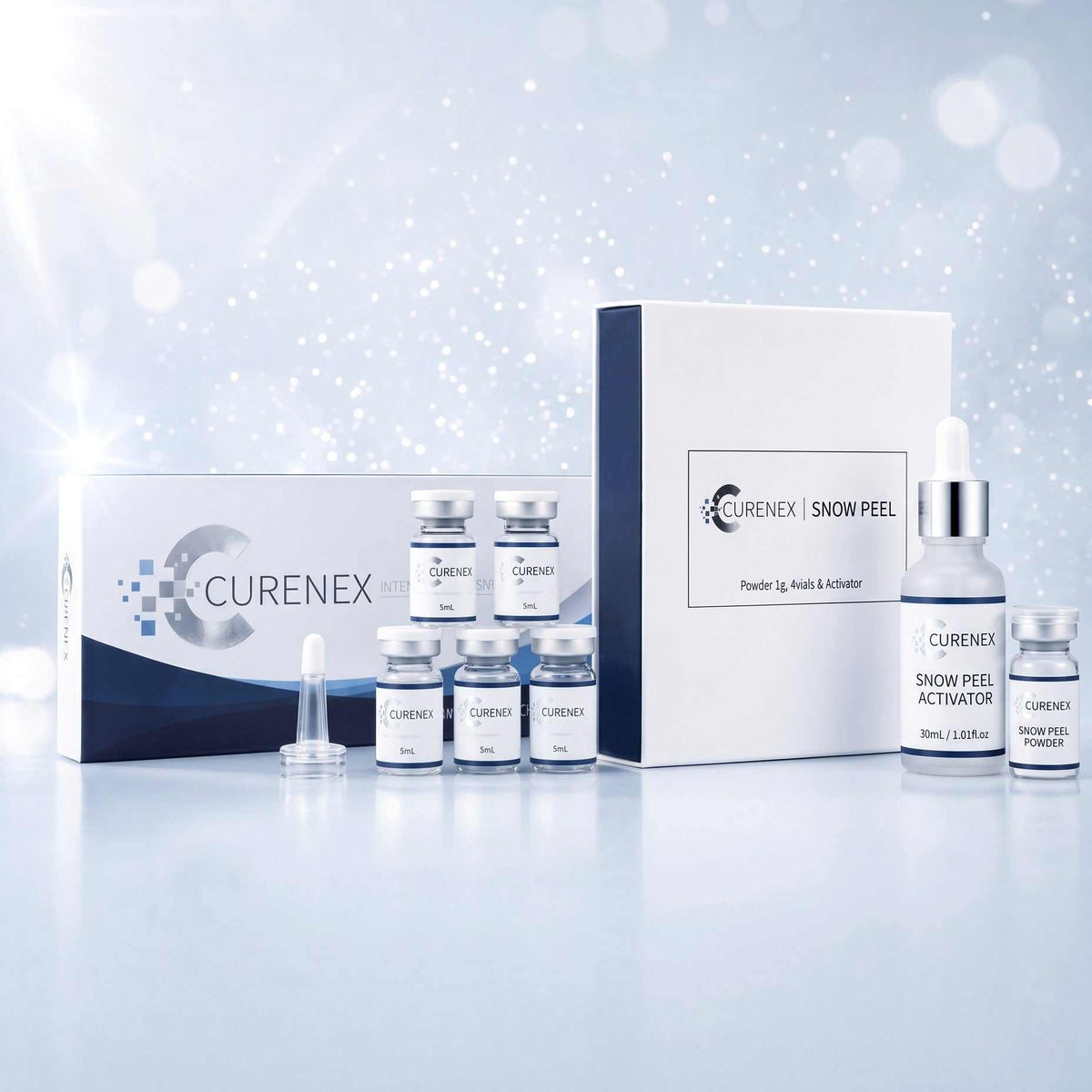Salmon DNA Peptides Glow Set: CureNex Skin Booster and Snow Peel on a silver background